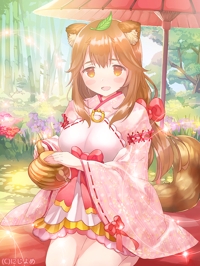 1girl animal_ears bamboo blush_stickers breasts brown_eyes brown_hair day ebisque female_focus floral_print flower head_tilt holding japanese_clothes leaf leaf_on_head long_hair long_sleeves matching_hair/eyes medium_breasts official_art oil-paper_umbrella open_mouth outdoors seiza sitting solo sparkle tail teapot tree umbrella valhalla_valkyries watermark