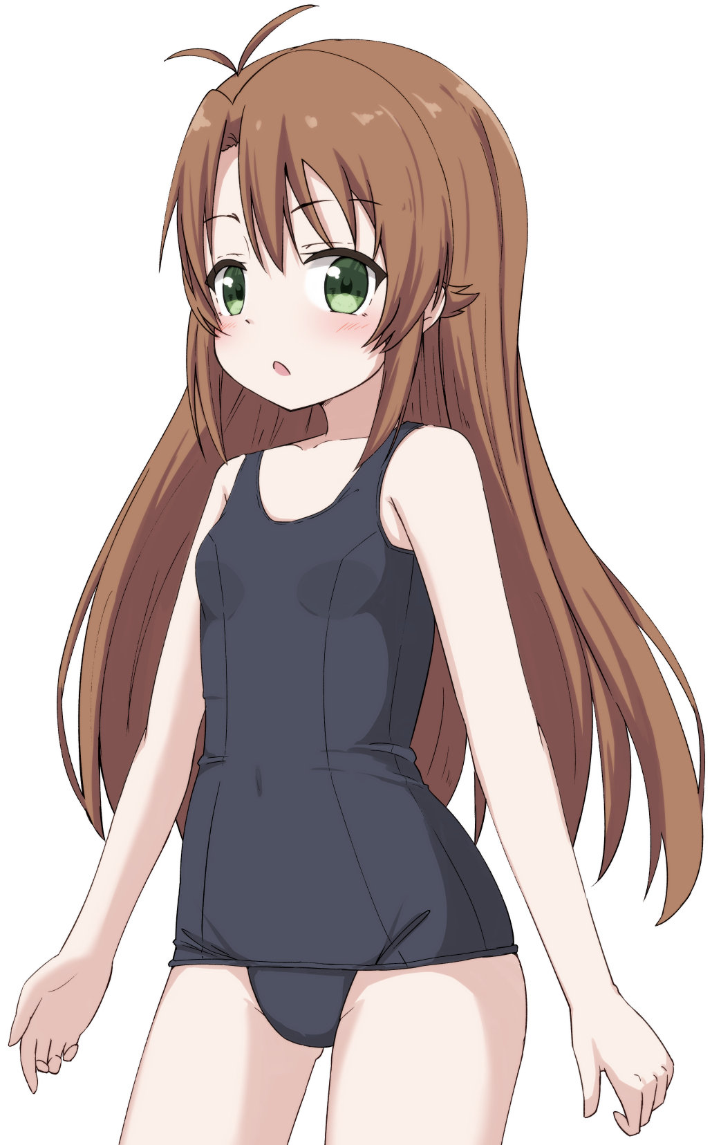 1girl antenna_hair artist_request bare_shoulders black_one-piece_swimsuit blush breasts brown_hair collarbone covered_navel dot_nose female_focus green_eyes groin highres koshigaya_komari long_hair looking_at_viewer non_non_biyori one-piece_swimsuit open_mouth simple_background small_breasts solo standing swimsuit white_background