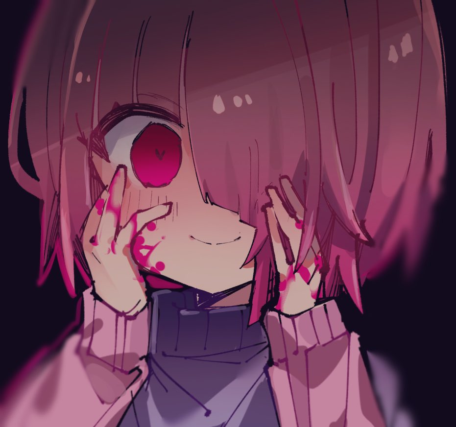 1girl bete_noire black_background blood blood_on_cheek blood_on_face blood_on_hands blush brown_hair close-up closed_mouth deeeeeeen114514 glitchtale gradient_hair hands_up heart heart-shaped_pupils long_sleeves looking_at_viewer multicolored_hair pink_blood pink_eyes pink_hair pink_sweater portrait purple_sweater short_hair simple_background smile solo sweater symbol-shaped_pupils two-tone_sweater undertale