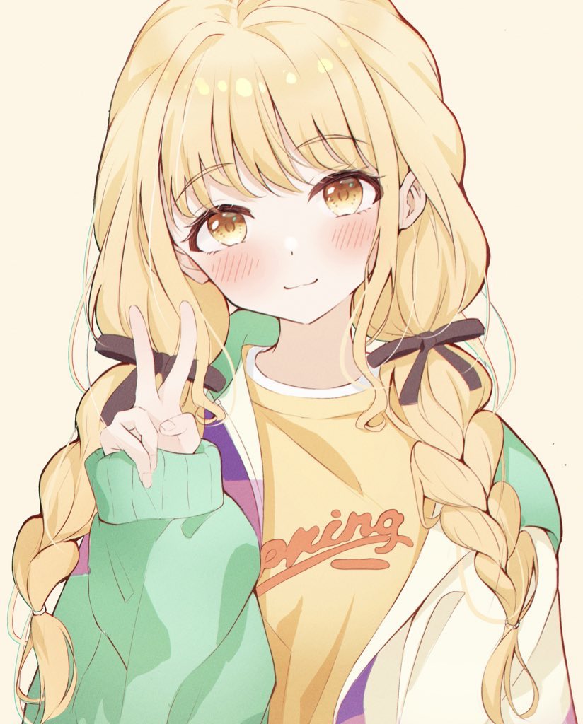 1girl black_ribbon blonde_hair blush bow braid breasts closed_mouth dot_nose fujita_kotone gakuen_idolmaster hair_bow hair_ribbon hand_up idolmaster jacket long_hair long_sleeves looking_at_viewer multicolored_clothes multicolored_jacket open_clothes open_jacket print_shirt razerman ribbon shirt simple_background sleeves_past_wrists small_breasts smile solo text_print twin_braids upper_body v yellow_background yellow_eyes yellow_shirt