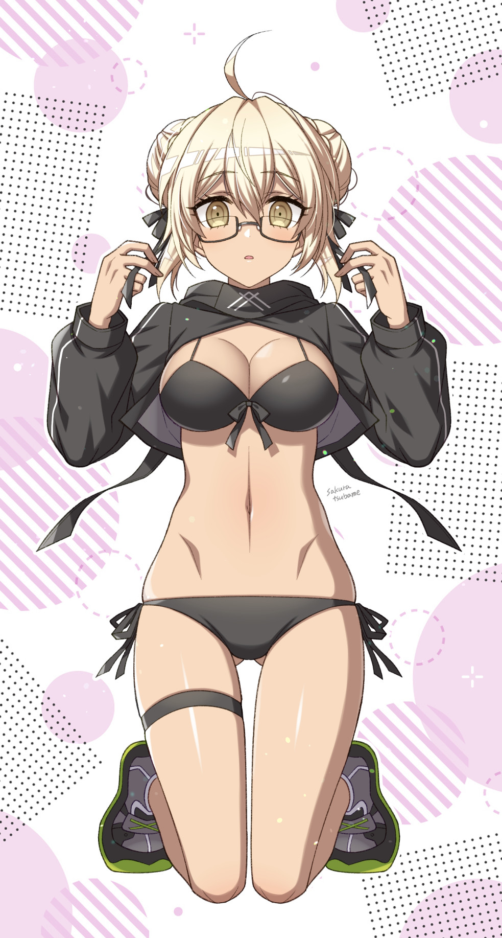 1girl ahoge artist_name artoria_pendragon_(fate) bikini black_bikini blonde_hair breasts double_bun fate/grand_order fate_(series) glasses gluteal_fold hair_bun highres kneeling large_breasts mysterious_heroine_xx_alter_(fate) navel sakura_tsubame shoes shrug_(clothing) sneakers swimsuit thigh_strap yellow_eyes