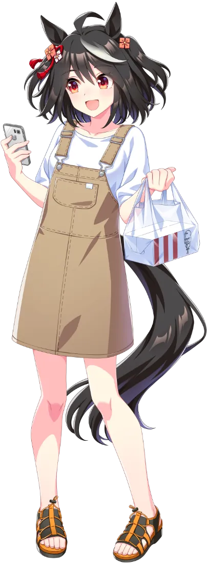 1girl animal_ears bag black_hair brown_overalls cellphone ear_ornament hair_ornament holding holding_bag horse_ears horse_girl horse_tail kfc kitasan_black_(umamusume) legs multicolored_hair official_art overall_skirt overalls phone plastic_bag red_eyes sandals shirt short_hair short_twintails smartphone streaked_hair tail twintails umamusume white_shirt