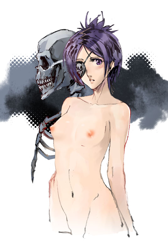 1girl bad_id bad_pixiv_id breasts chrome_dokuro eyepatch female_focus ikuyoan katekyo_hitman_reborn! looking_at_viewer navel nipples purple_eyes purple_hair short_hair sketch skull small_breasts solo