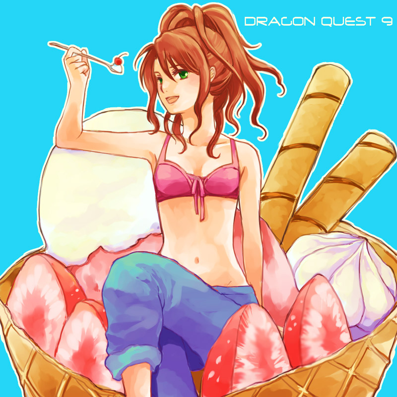 bikini bikini_top_only brown_hair dragon_quest dragon_quest_ix food green_eyes heroine_(dq9) level-5 midriff open_mouth pink_bikini ponytail smile solo spoon swimsuit yukaris