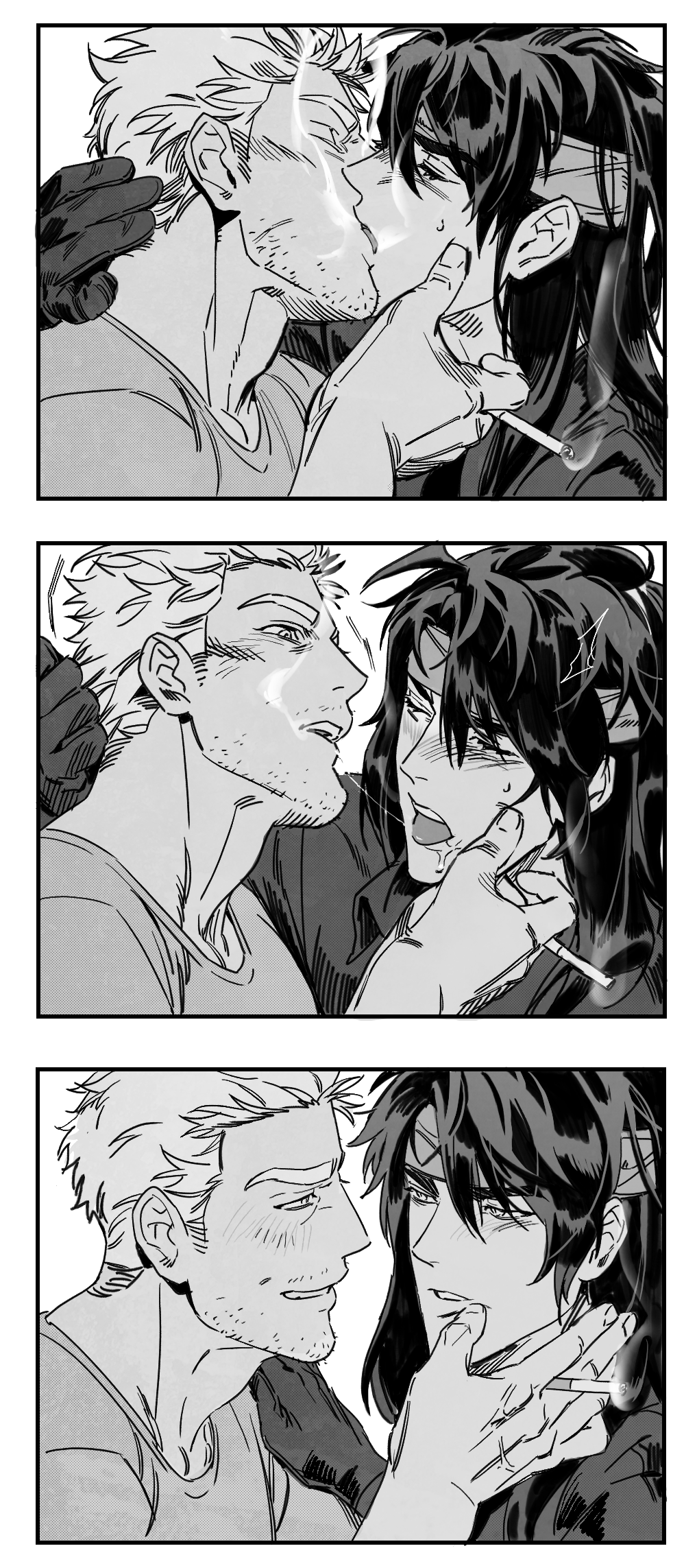 2boys 3koma bara blush cid_highwind cigarette comic couple facial_hair final_fantasy final_fantasy_vii french_kiss gloves greyscale hand_on_another&#039;s_mouth hand_on_another&#039;s_neck headband highres kiss long_hair male_focus mature_male monochrome multiple_boys muscular muscular_male peonrin saliva saliva_trail short_hair shotgunning sideburns smirk smoke stubble sweatdrop thick_eyebrows tongue tongue_out upper_body vincent_valentine yaoi