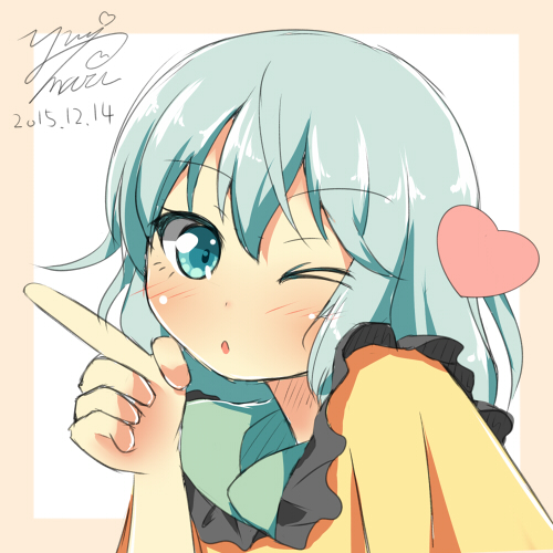 1girl aqua_eyes aqua_hair blush female_focus heart komeiji_koishi lowres one_eye_closed pointing sash solo touhou yuimari