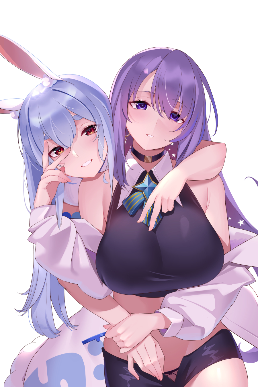 2girls animal_ears blush breasts choker fur_scarf highres holding_hands hololive hololive_indonesia hug hug_from_behind kaneko_(bblogtinhan) large_breasts long_hair looking_at_viewer moona_hoshinova multicolored_hair multiple_girls purple_eyes purple_hair rabbit_ears rabbit_girl red_eyes short_shorts shorts simple_background smile starry_hair two-tone_hair usada_pekora usada_pekora_(1st_costume) v virtual_youtuber white_background