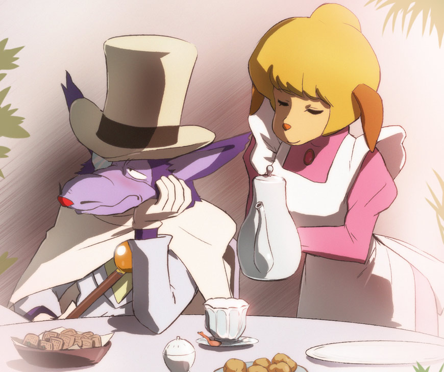 1980s_(style) 1boy 1girl animal_ears animal_nose apron blonde_hair brooch cape closed_mouth dog_ears dog_girl dress food formal furry furry_female furry_male gloves hair_bun haruyama_kazunori hat jewelry marie_hudson meitantei_holmes oldschool professor_moriarty_(meitantei_holmes) puffy_sleeves retro_artstyle short_hair single_hair_bun smile suit top_hat white_gloves