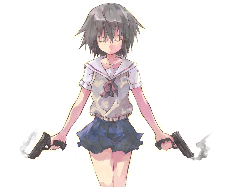 00s 1girl bad_id bad_pixiv_id dual_wielding female_focus gun handgun holding milcoco noir_(anime) pistol school_uniform semi-automatic_pistol short_hair smoke smoking_barrel solo weapon yuumura_kirika