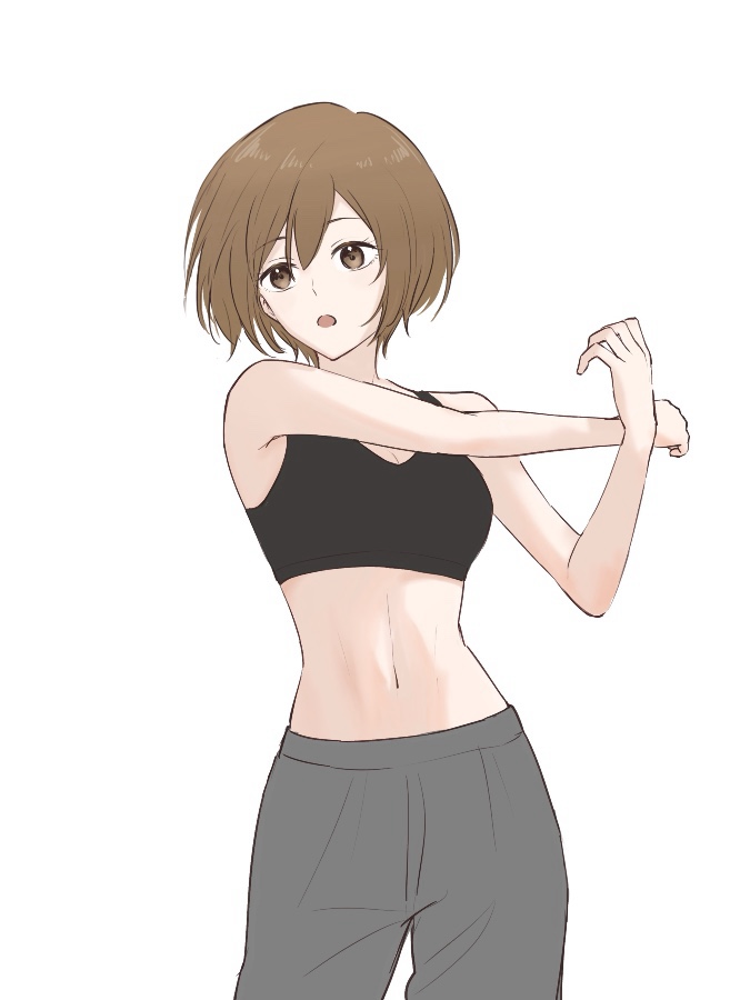 1girl brown_eyes brown_hair commentary_request cross-body_stretch hariikei looking_to_the_side meiko_(vocaloid) navel open_mouth pants short_hair solo sports_bra stretching vocaloid