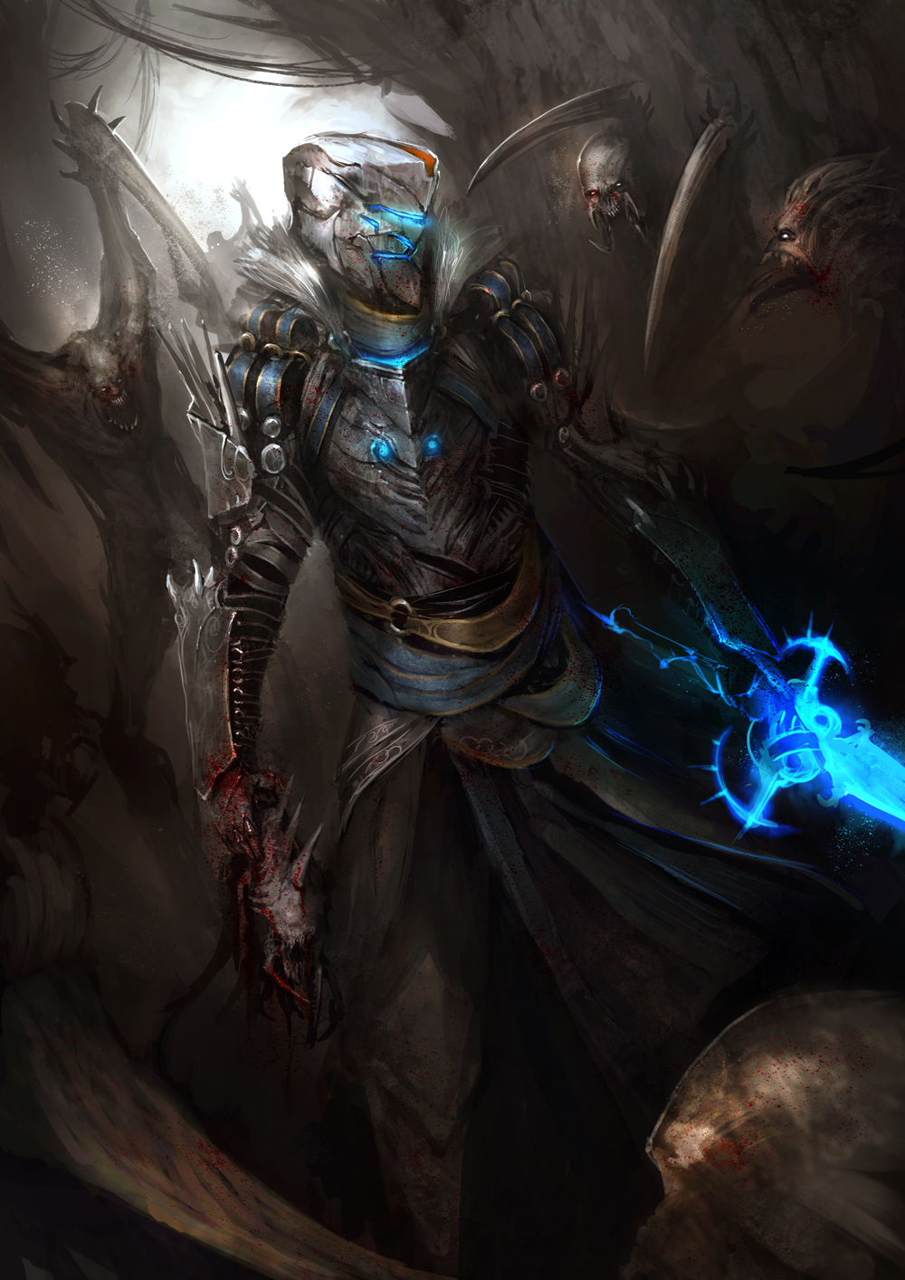 1boy armor blood breastplate dead_space dead_space_3 full_armor glowing glowing_eyes glowing_weapon helm helmet highres holding isaac_clarke knight medieval monster necromorph open_mouth power_armor puffy_sleeves severed_head shoulder_pads surrounded sword thedurianart vambraces weapon