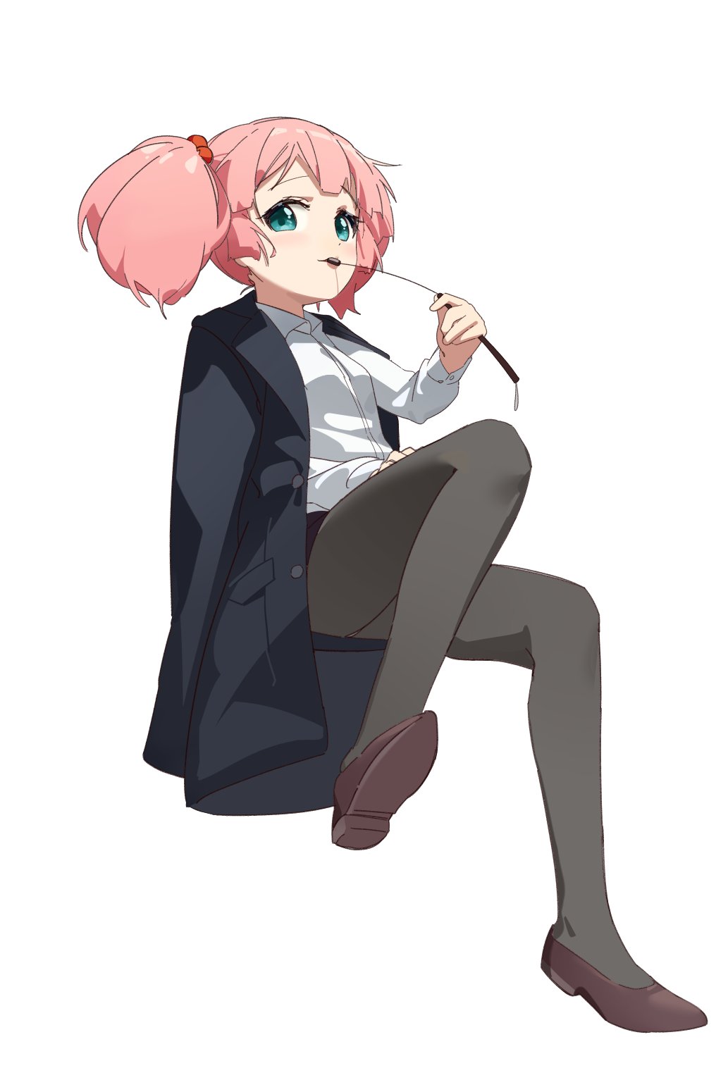 1girl black_coat black_pantyhose blue_eyes blush brown_footwear coat hair_bobbles hair_ornament highres holding holding_whip keibi_inu long_sleeves looking_at_viewer open_mouth pantyhose pink_hair shirt shoes short_hair simple_background sitting solo spread_legs twintails whip white_background white_shirt yoshikawa_chinatsu yuru_yuri