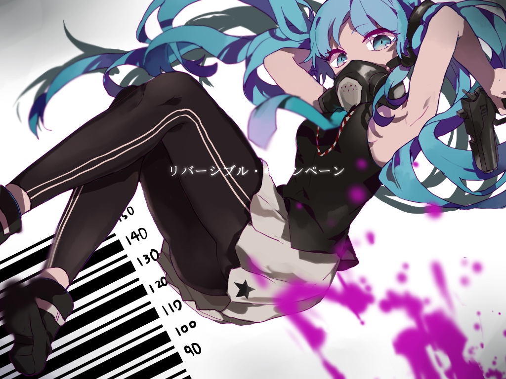 1girl bare_shoulders black_shirt blue_eyes blue_hair gun hair_between_eyes hand_up handgun hatsune_miku heart holding holding_gun holding_weapon jewelry karasu_btk long_hair looking_at_viewer mask mouth_mask necktie pleated_skirt reversible_campaign_(vocaloid) shirt skirt sleeveless sleeveless_shirt solo song_name twintails very_long_hair vocaloid weapon