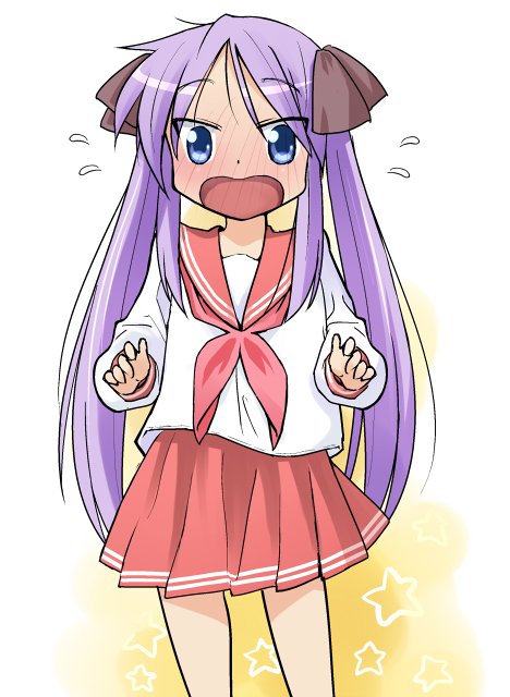 00s 1girl blue_eyes blush hiiragi_kagami katatsuka_kouji long_hair lucky_star purple_hair school_uniform serafuku surprised twintails