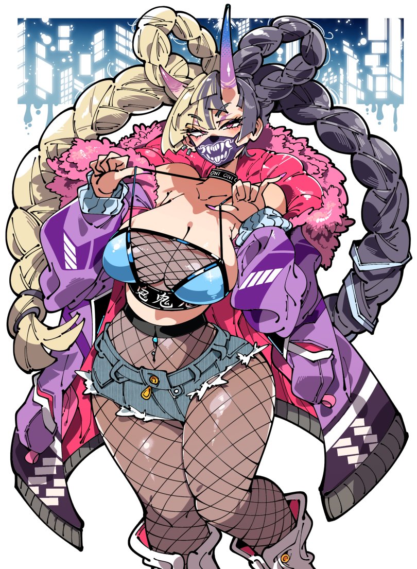 1girl asymmetrical_horns ayaka_(athighhighguy) black_hair blonde_hair blush braid breasts ear_piercing facemask fingernails fishnets horns huge_breasts jacket kafun long_hair multicolored_hair navel navel_piercing oni piercing pink_eyes sharp_fingernails shorts source_request two-tone_hair very_long_hair white_background