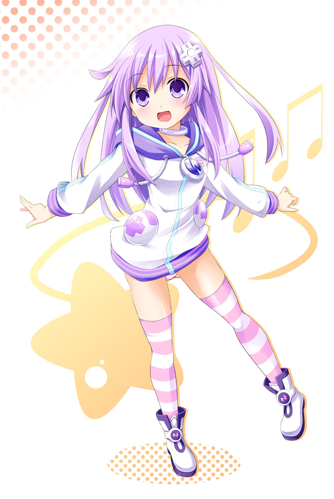 1girl boots choujigen_game_neptune_mk2 cosplay d-pad female_focus full_body hair_ornament hood hoodie jacket long_hair nepgear neptune_(neptunia) neptune_(neptunia)_(cosplay) neptune_(series) no_pants panties purple_eyes purple_hair smile solo striped_clothes striped_panties striped_thighhighs taka_(suigendou) thighhighs underwear