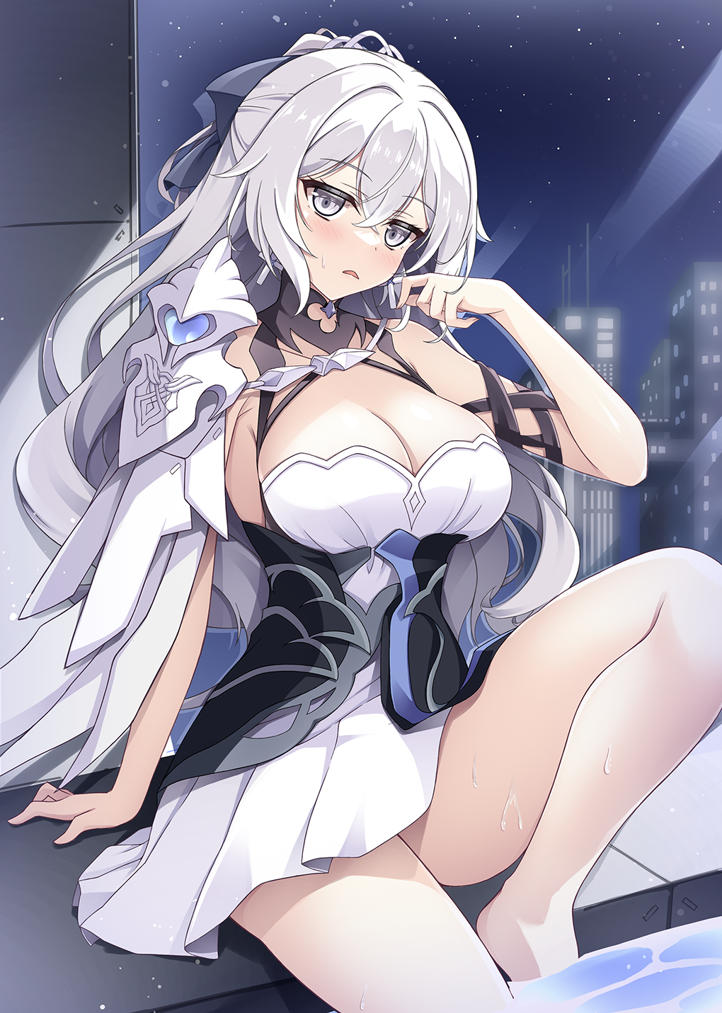 1girl aged_up apartment armor bare_legs bare_shoulders blush breasts bronya_zaychik bronya_zaychik_(silverwing:_n-ex) chitosy city_lights cleavage commentary_request dress drill_hair gloves grey_eyes grey_hair hair_between_eyes hair_ornament hand_up highres honkai_(series) honkai_impact_3rd large_breasts legs long_hair looking_at_viewer night parted_lips pauldrons pleated_dress poolside short_dress shoulder_armor single_pauldron sitting sleeveless sleeveless_dress small_sweatdrop star_(sky) wet window