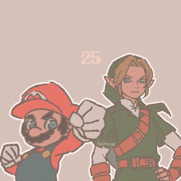 2boys bellhenge blonde_hair blue_eyes blue_overalls company_connection facial_hair gloves hat link male_focus mario mario_(series) multiple_boys mustache nintendo overalls pointy_ears shirt short_hair super_smash_bros. sword the_legend_of_zelda the_legend_of_zelda:_ocarina_of_time weapon