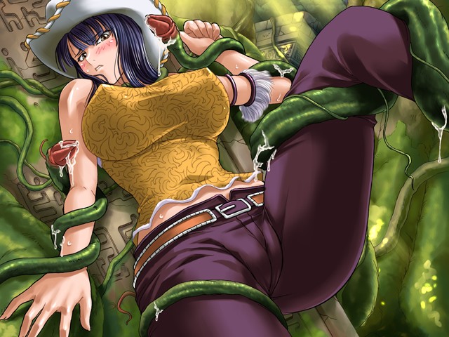 1girl against_wall armlet bare_shoulders belt blue_hair blush breasts cameltoe cleft_of_venus covered_erect_nipples cowboy_hat cowboy_western female_focus hat huge_breasts imminent_rape jewelry jungle kagami_hirotaka leg_up legs looking_down nature nico_robin nico_robin_(skypiea) one_piece pants plant poneglyph sleeveless solo spread_legs sweat tentacles thighs vines yellow_eyes