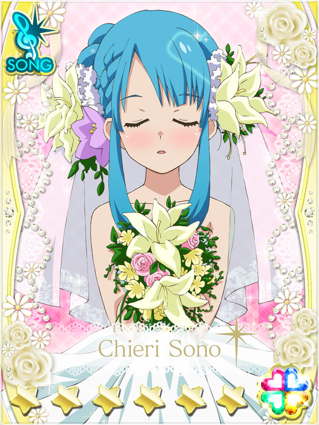 1girl akb0048 blue_hair bouquet braid bridal_veil card_(medium) character_name closed_eyes collarbone cowboy_shot dress flower hair_flower hair_ornament hair_up heart holding holding_bouquet lily_(flower) long_hair non-web_source official_alternate_hairstyle official_art parted_lips pink_background pink_flower pink_rose purple_flower rose side_braid sidelocks solo sono_chieri sparkle standing star_(symbol) strapless strapless_dress treble_clef u_u veil wedding_dress white_dress white_flower white_lily yellow_flower