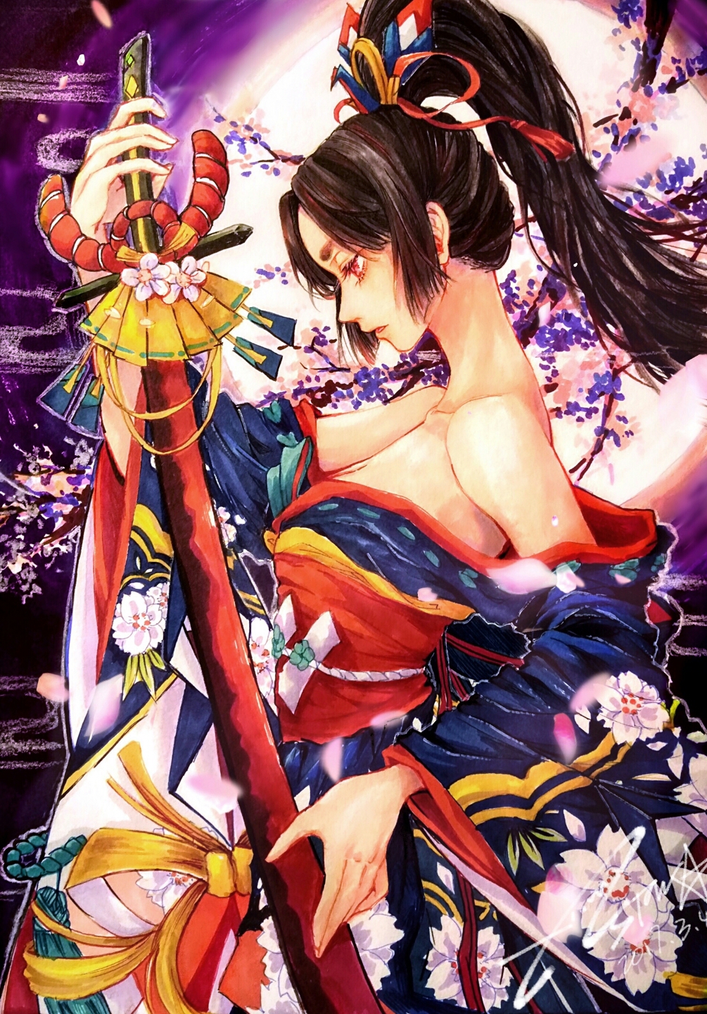 1girl astar0w0 bare_shoulders black_hair blue_kimono branch breasts chinese_commentary cleavage collarbone commentary_request cowboy_shot crown downturned_eyes expressionless eyelashes fingernails floral_print from_side full_moon hair_ornament hair_ribbon high_ponytail highres holding holding_sword holding_weapon japanese_clothes kimono long_hair long_sleeves moon night night_sky obi off_shoulder onmyoji parted_lips petals red_eyes red_ribbon red_sash ribbon sash sky smoke solo standing sword tassel tassel_hair_ornament thick_eyebrows very_long_hair weapon wide_sleeves youtou_hime_(onmyoji)