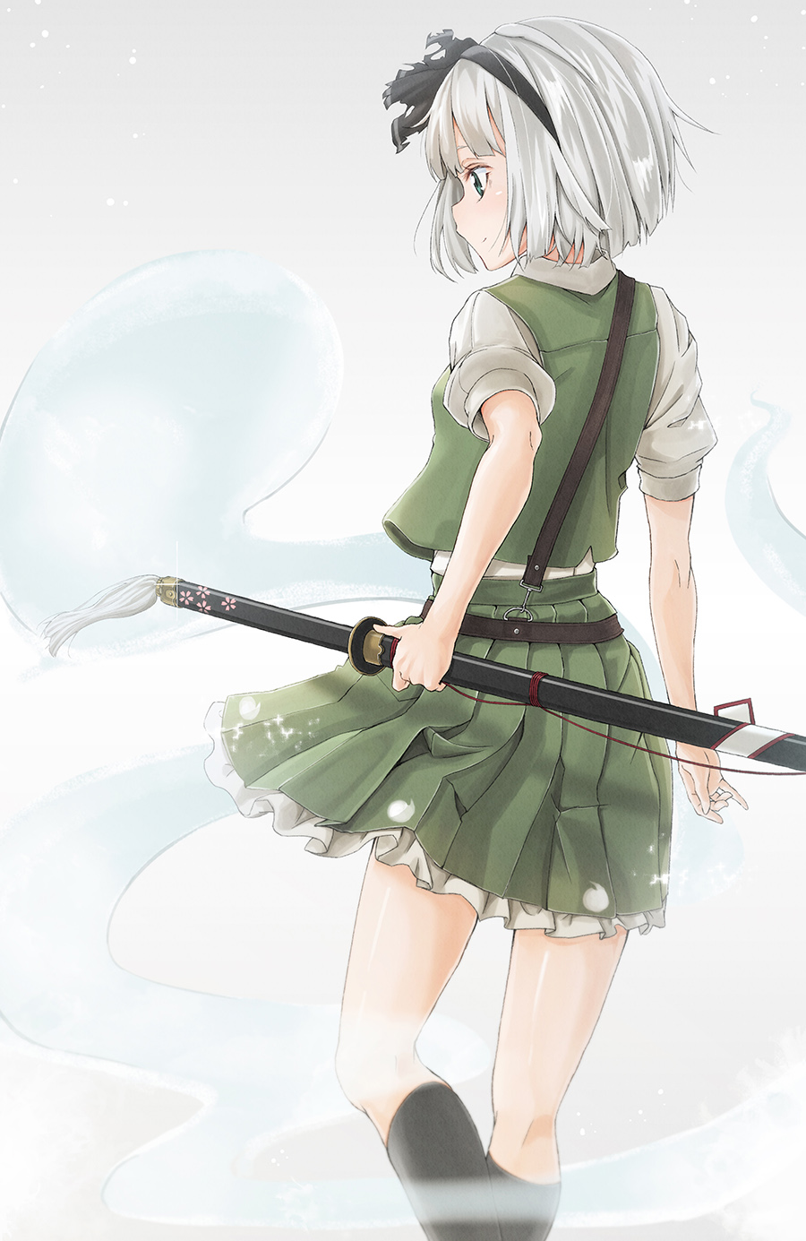 1girl arm_at_side belt black_hairband black_ribbon black_socks blunt_bangs blush female_focus floating frilled_skirt frills from_behind ghost green_eyes green_skirt green_vest hair_ribbon hairband highres hitodama holding kneehighs konpaku_youmu konpaku_youmu_(ghost) looking_to_the_side miniskirt over_shoulder perfect_cherry_blossom pleated_skirt profile puffy_short_sleeves puffy_sleeves remil ribbon sheath sheathed shiny_skin short_hair short_sleeves silver_hair skirt socks solo standing touhou vest