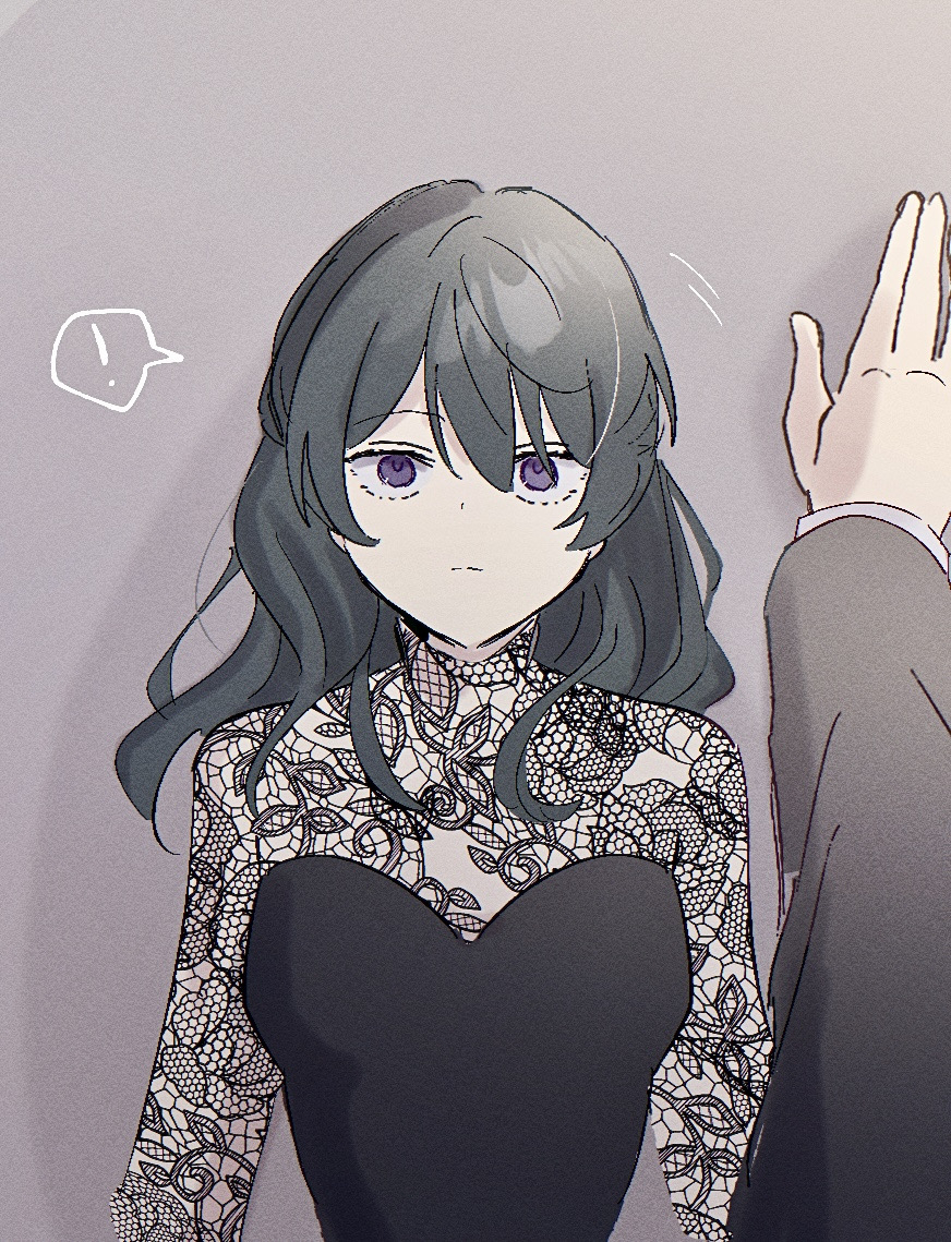 ! 1boy 1girl against_wall black_dress black_hair black_jacket black_shirt blazer closed_mouth commentary_request dot_nose dress eyelashes fingerless_gloves floral_print gloves grey_background hair_between_eyes hakuuyori hand_on_wall hetero jacket kabedon lace_shirt land_(sousou_no_frieren) layered_sleeves light_frown long_hair long_sleeves motion_lines pov purple_eyes shadow shirt sidelocks sousou_no_frieren spoken_exclamation_mark strapless strapless_dress surprised turtleneck turtleneck_shirt ubel_(sousou_no_frieren) upper_body wavy_hair wide-eyed