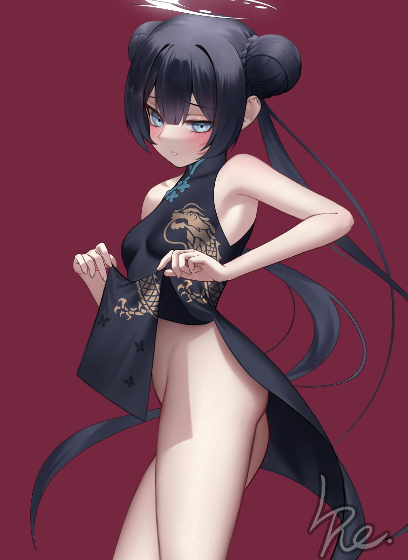 1girl ass bare_shoulders black_dress black_hair blue_archive blush braid braided_bun breasts butterfly_hair_ornament china_dress chinese_clothes clothes_lift double_bun dragon_print dress grey_eyes hair_bun hair_ornament halo kisaki_(blue_archive) l4st_resort long_hair looking_at_viewer no_panties pelvic_curtain short_dress side_slit small_breasts solo thighs twintails