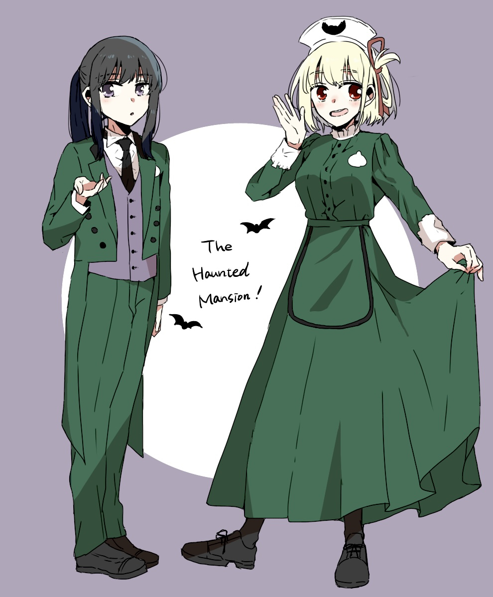 2girls bat_(animal) black_footwear black_hair black_necktie blonde_hair collared_shirt commentary_request dress english_text formal green_dress green_jacket green_pants green_suit hair_ribbon hat inoue_takina jacket long_hair long_sleeves looking_at_viewer lycoris_recoil multiple_girls necktie nishikigi_chisato nurse_cap one_side_up open_mouth pants parted_lips ponytail purple_background purple_eyes purple_vest red_eyes red_ribbon ribbon sakurada_en shirt short_hair smile suit tuxedo two-tone_background vest waistcoat white_background white_shirt