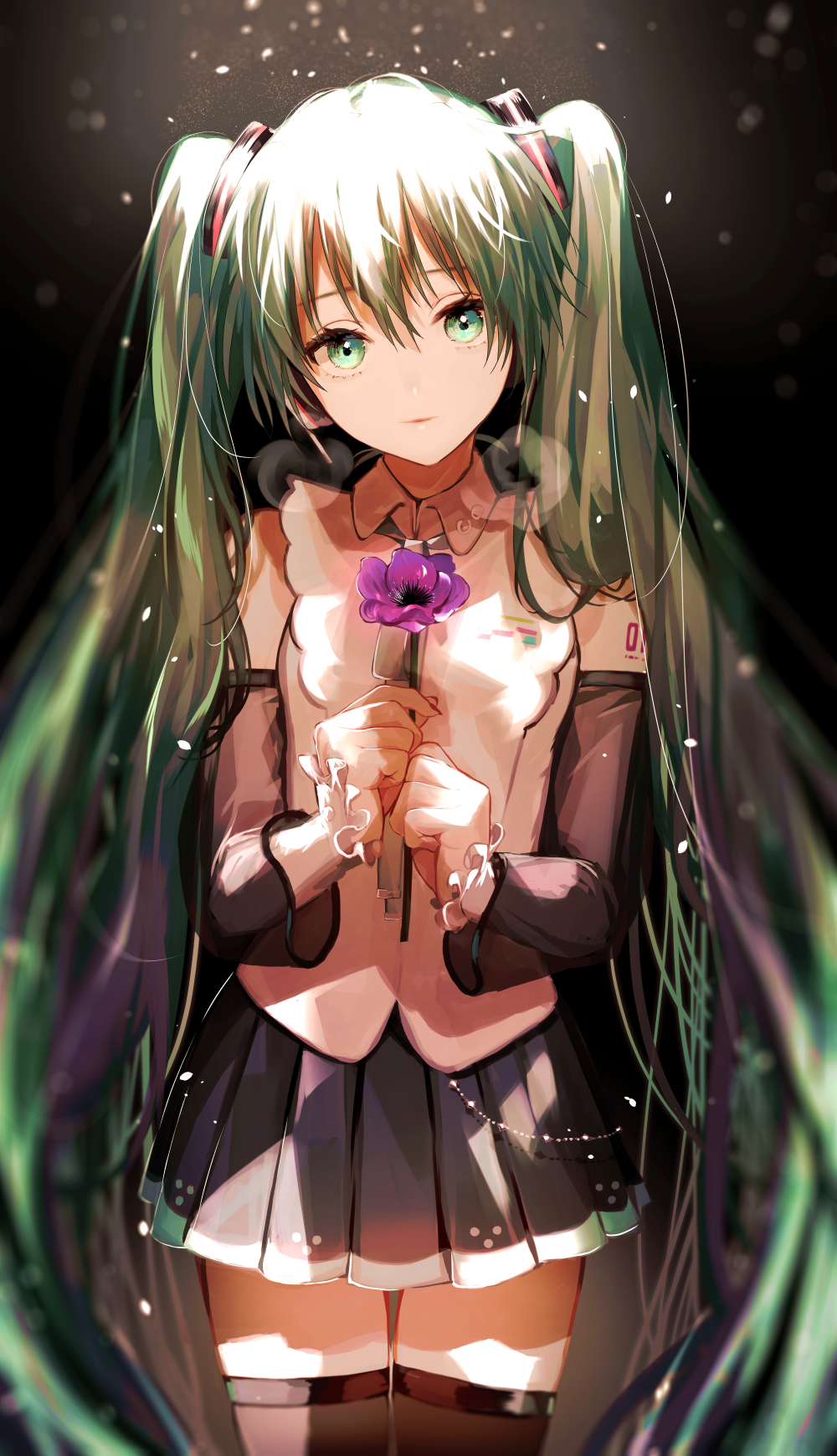 1girl anemone_(flower) bare_shoulders black_background black_skirt black_thighhighs blouse commentary cowboy_shot detached_sleeves english_commentary flower green_eyes green_hair hair_ornament hatsune_miku hatsune_miku_(nt) headphones highres hitotsuyama_jitan holding holding_flower lips long_hair looking_at_viewer miniskirt neck_ribbon piapro pleated_skirt purple_flower ribbon see-through_clothes see-through_sleeves shirt shoulder_tattoo skirt sleeveless sleeveless_shirt standing tattoo thighhighs twintails very_long_hair vocaloid white_shirt white_sleeves zettai_ryouiki