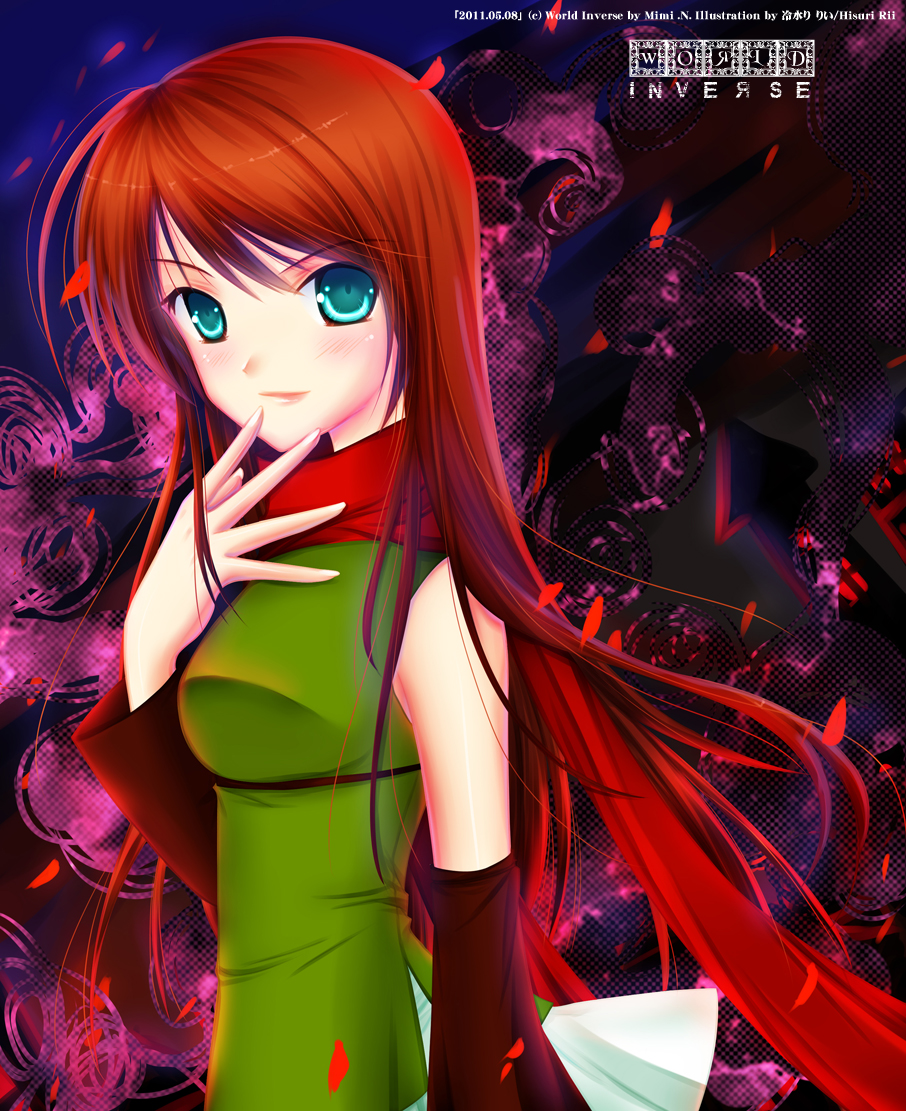 green_eyes hisuri_rii livt mimi_nakamura night petals red_hair rose_petals syal world_inverse