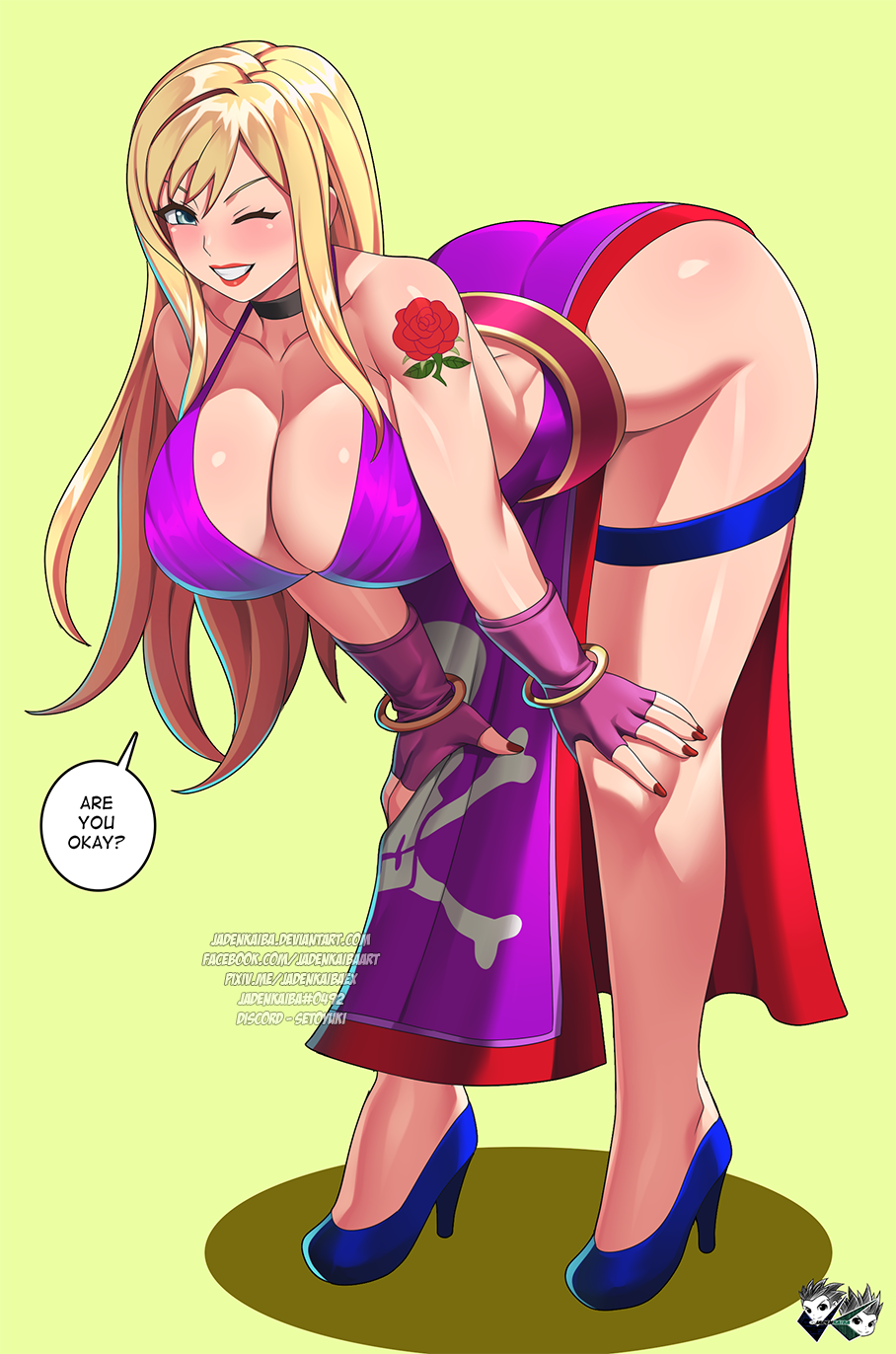 1girl artist_logo artist_name ass belt bent_over blonde_hair blue_eyes blue_footwear blush bracelet breasts choker cleavage deviantart_username discord_username dress facebook_username fatal_fury female_focus fingerless_gloves flower_tattoo garou:_mark_of_the_wolves gloves grin hands_on_own_knees hanging_breasts high_heels highres jadenkaiba jenet_behrn jewelry jolly_roger large_breasts leaning_forward looking_at_viewer loose_belt one_eye_closed pirate pixiv_username purple_choker purple_dress red_nails skull_and_crossbones skull_print smile snk solo tattoo the_king_of_fighters thigh_strap watermark web_address wink