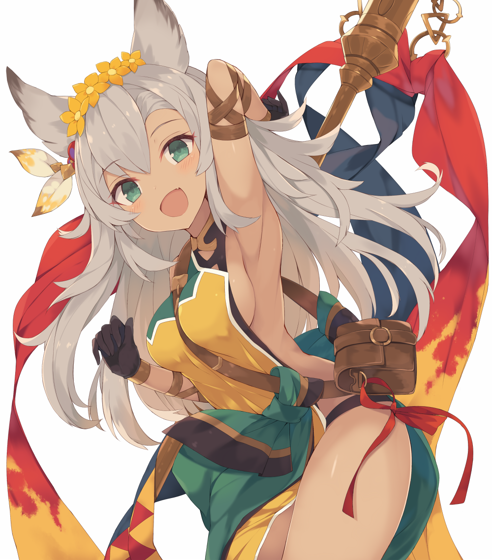 10s 1girl :d animal_ears armpits black_gloves blush breasts dark-skinned_female dark_skin fang female_focus flower gloves granblue_fantasy green_eyes grey_hair hair_flower hair_ornament long_hair looking_at_viewer nemone nibiiro_shizuka open_mouth sideboob simple_background smile solo white_background