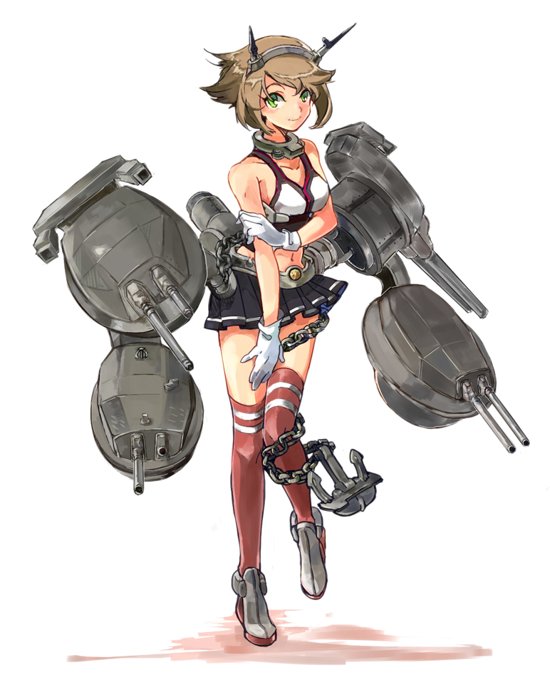 10s bad_id bad_pixiv_id brown_hair gloves green_eyes headband kantai_collection midriff mutsu_(kancolle) nikayu ship_turret short_hair smile