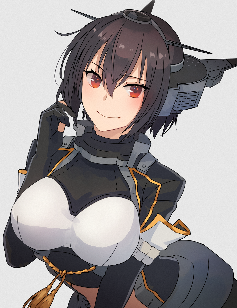 1girl alternate_hair_length alternate_hairstyle black_coat black_gloves black_hair breasts coat elbow_gloves gloves grey_background hair_between_eyes headgear highres kantai_collection kasumi_(skchkko) large_breasts long_coat nagato_(kancolle) nagato_kai_ni_(kancolle) partially_fingerless_gloves red_eyes short_hair simple_background solo upper_body