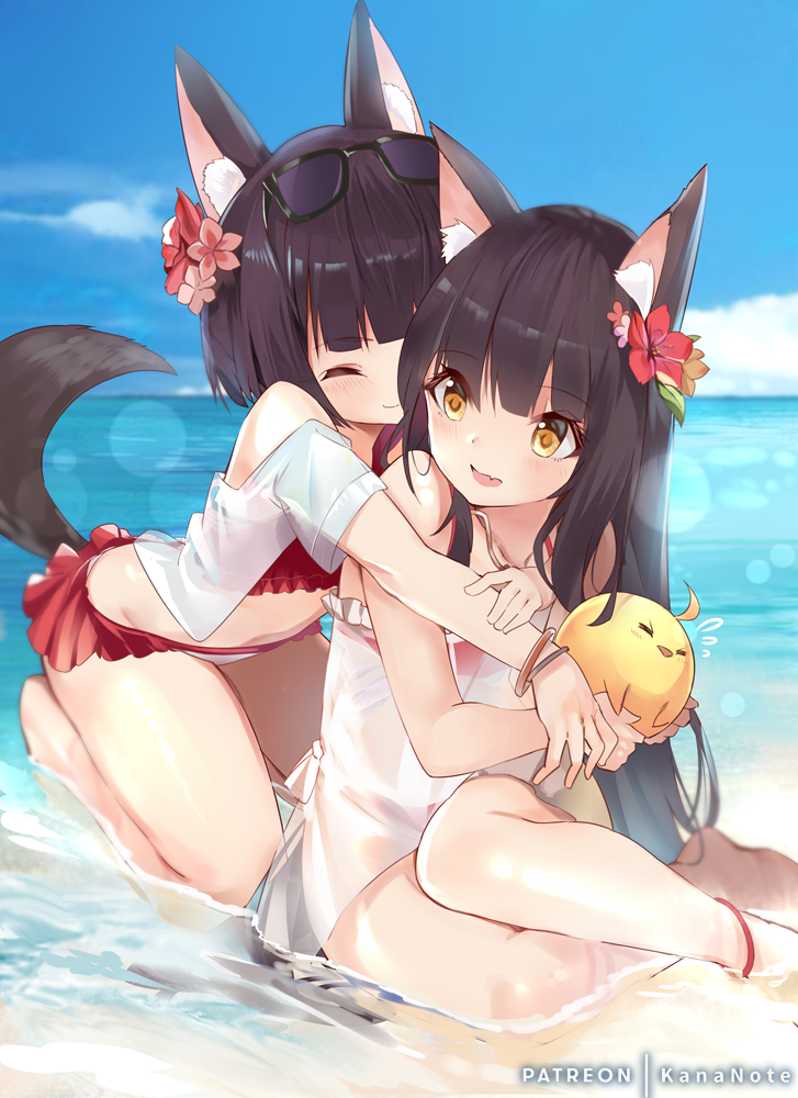 2girls alternate_costume animal_ear_fluff animal_ears anklet azur_lane beach bikini black_hair blue_sky bracelet closed_eyes closed_mouth commentary day eyewear_on_head flower fox_ears fox_tail frilled_bikini frills hair_flower hair_ornament hug hug_from_behind jewelry kneeling long_hair looking_at_another manjuu_(azur_lane) mujinbensin mujinbi multiple_girls mutsu_(azur_lane) nagato_(azur_lane) ocean open_mouth outdoors patreon_username red_bikini sand short_hair sitting sky smile sunglasses sunlight swimsuit tail water yellow_eyes yokozuwari