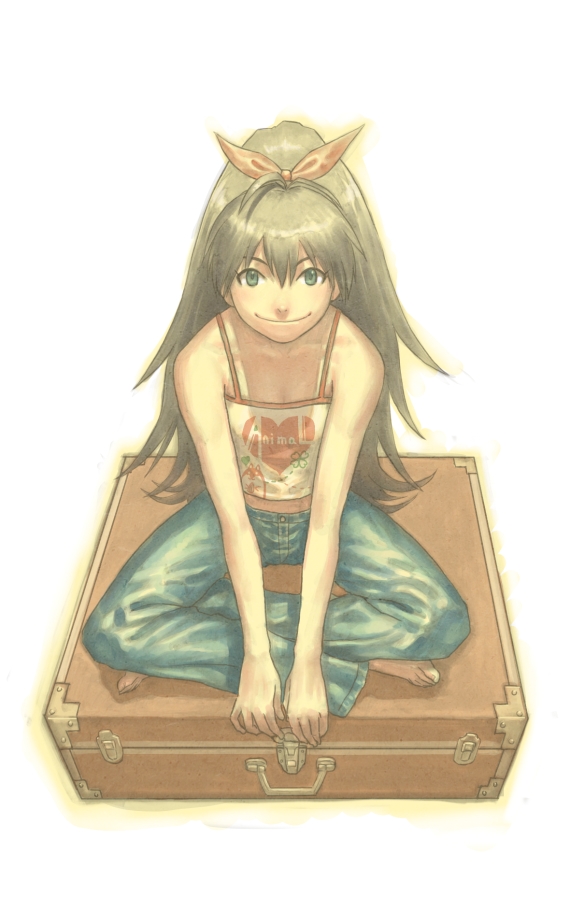 1girl bad_id bad_pixiv_id barefoot black_hair briefcase casual denim feet female_focus from_above full_body ganaha_hibiki green_eyes hair_ribbon idolmaster idolmaster_(classic) indian_style jeans long_hair om_(carbohydratism) pants ponytail ribbon simple_background sitting smile solo suitcase tank_top