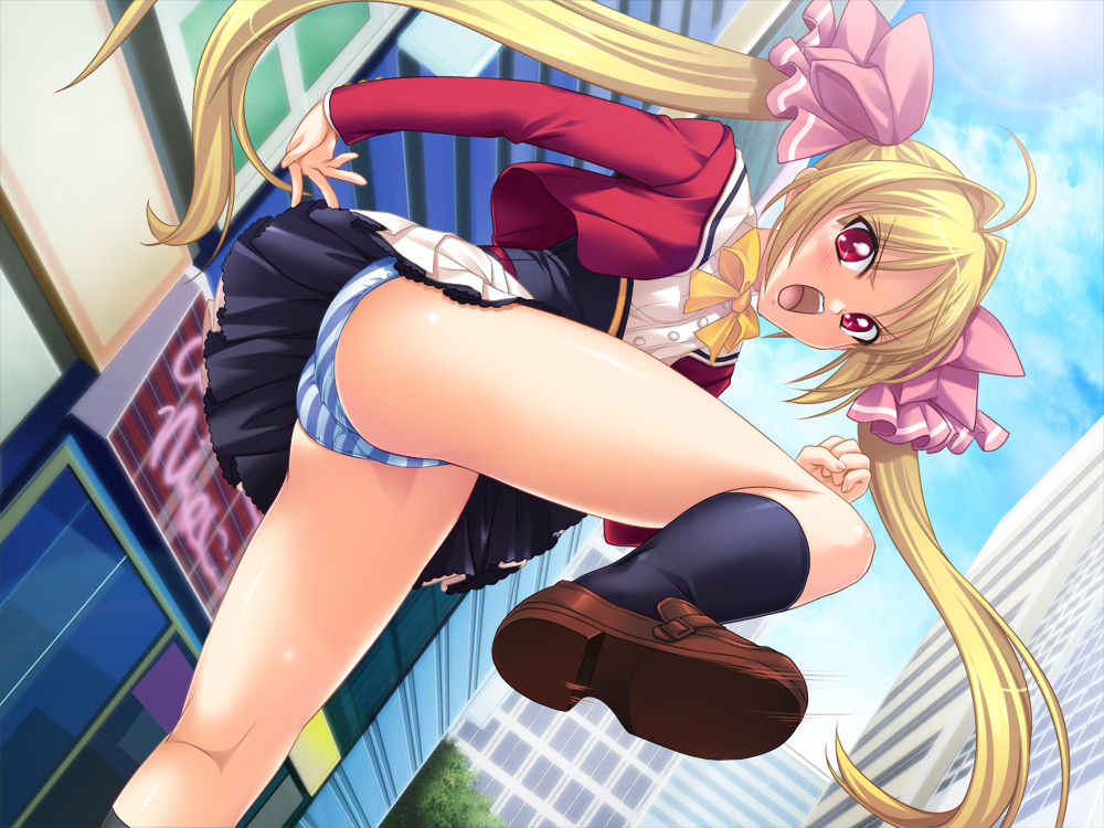 1girl black_legwear blonde_hair character_request city female_focus game_cg hair_intakes kamei leg_lift long_hair long_sleeves panties pantyshot red_eyes seisenki_valkyrie_sisters skirt solo standing striped_clothes striped_panties twintails underwear upskirt