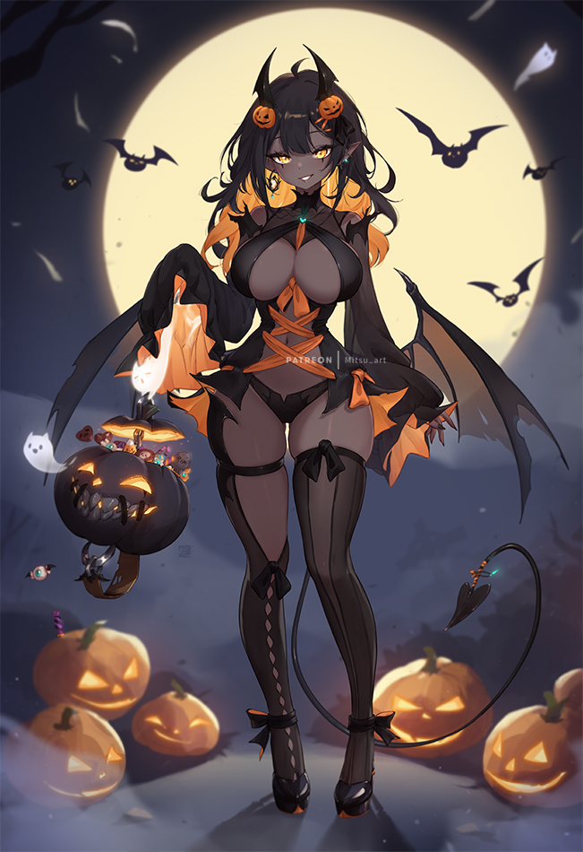 1girl bat_(animal) black_footwear black_hair black_panties black_thighhighs blush breasts candy colored_inner_hair commentary_request dark-skinned_female dark_skin demon_girl demon_horns demon_tail demon_wings food full_body full_moon hair_ornament hairclip halloween holding horns jack-o&#039;-lantern large_breasts long_sleeves looking_at_viewer medium_hair mitsu_(mitsu_art) monster_girl moon multicolored_hair navel night orange_hair original outdoors panties parted_lips patreon_username pointy_ears revealing_clothes smile solo standing tail thighhighs thighs two-tone_hair underwear very_dark_skin wings yellow_eyes