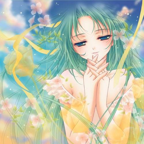 07th_expansion 1girl bare_shoulders blue_eyes cloud dress female_focus flower green_hair higurashi_no_naku_koro_ni light_smile long_hair lowres nishiwaki_yuuri no_naku_koro_ni_(series) ribbon sky solo sonozaki_shion