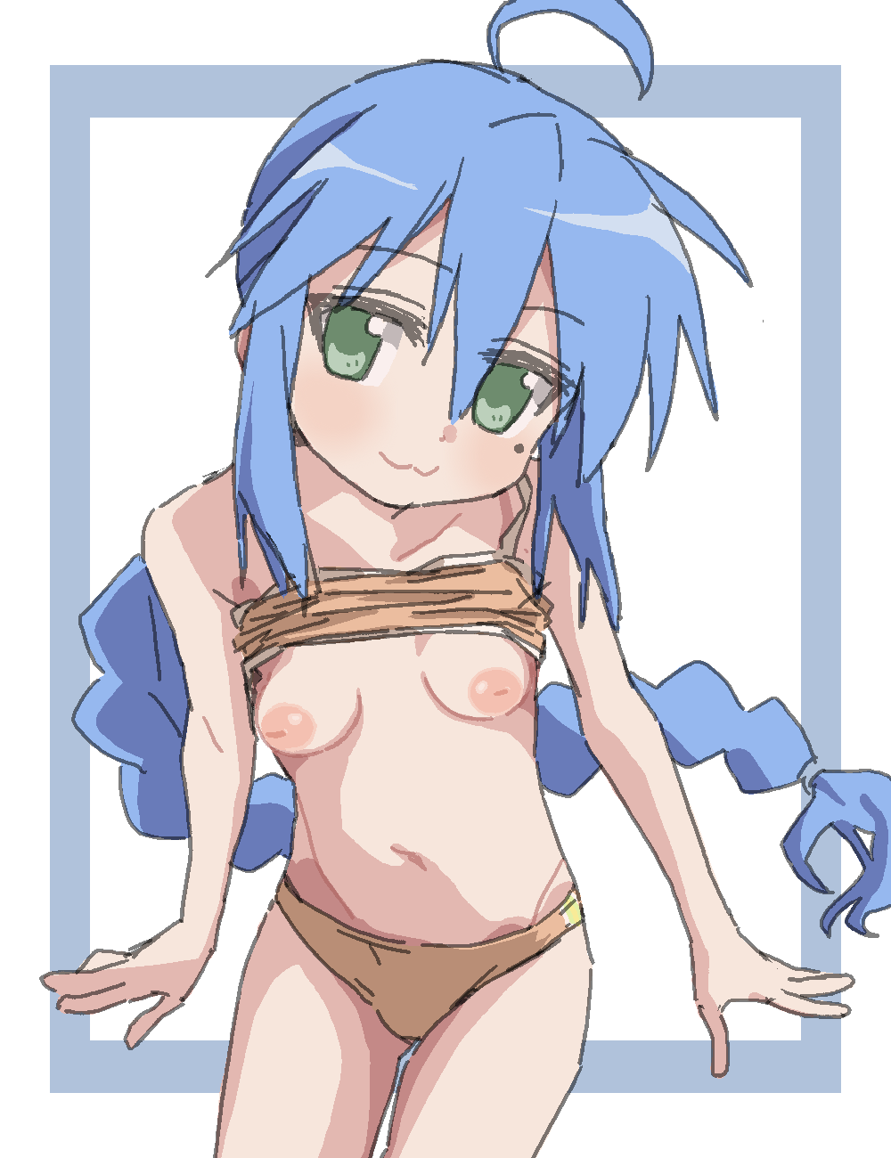 1girl :3 ahoge bikini bikini_top_lift blue_hair braid breasts clothes_lift green_eyes hair_between_eyes highres inverted_nipples izumi_konata long_hair lucky_star mole mole_under_eye navel simple_background small_breasts swimsuit tamaya white_background