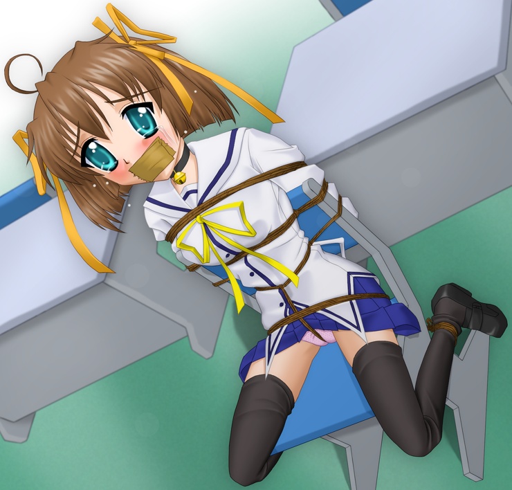 1girl asakura_nemu bad_anatomy bdsm bondage bound chair crotch_rope da_capo da_capo_i female_focus gag gagged improvised_gag kannazuki_okuto poorly_drawn rope school_uniform skirt solo tape tape_gag thighhighs zettai_ryouiki