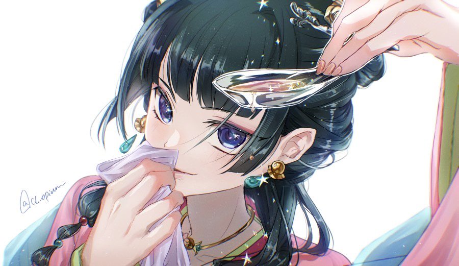 1girl blunt_bangs chinese_clothes chinese_spoon cl_opium duijin_ruqun earrings green_hair hair_over_shoulder hand_up handkerchief holding holding_cloth holding_handkerchief jewelry kusuriya_no_hitorigoto looking_at_viewer makeup maomao_(kusuriya_no_hitorigoto) medium_hair purple_eyes solo sparkle twitter_username white_background wiping_mouth