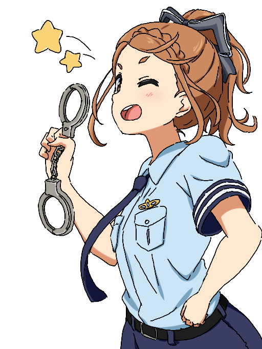 1girl 22/7 ;d belt black_belt black_ribbon blue_necktie blue_shirt blue_skirt braid brown_eyes brown_hair collared_shirt cosplay cowboy_shot cuffs from_side hair_ribbon hand_on_own_chest handcuffs high_ponytail holding holding_handcuffs igashiko kono_miyako looking_at_viewer necktie oekaki one_eye_closed open_mouth pencil_skirt police police_uniform policewoman ribbon shirt short_sleeves simple_background single_braid skirt smile solo teeth upper_teeth_only white_background white_ribbon wink_star