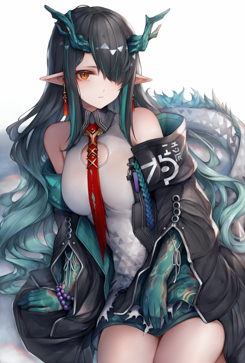 1girl arknights bead_bracelet beads black_hair black_jacket bracelet breasts brown_eyes closed_mouth colored_skin dragon_girl dragon_horns dragon_tail dusk_(arknights) earrings green_horns green_skin horns jacket jewelry long_hair looking_at_viewer medium_breasts pointy_ears simple_background sitting snm_(sunimi) solo tail thighs white_background