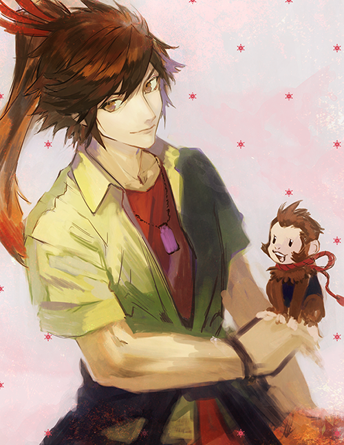 1boy animal animal_on_hand brown_eyes brown_hair gakuen_basara hair_ribbon jewelry long_hair maeda_keiji_(sengoku_basara) male_focus monkey necklace pink_background ponytail red_shirt ribbon sengoku_basara shirt solo suishagoya undershirt yellow_shirt yumekichi