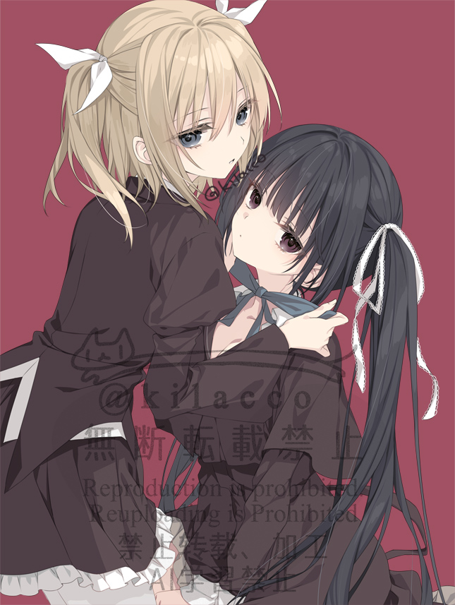 2girls black_capelet black_hair black_jacket black_skirt blonde_hair blue_bow blue_bowtie blue_eyes bow bowtie breasts capelet cleavage collared_shirt expressionless frilled_skirt frills hair_ribbon honma_misuzu inugami_kira jacket juliet_sleeves kneeling large_breasts long_hair long_sleeves looking_at_viewer multiple_girls onda_nei pantyhose parted_lips puffy_sleeves red_background red_eyes ribbon sakura_no_toki school_uniform shirt short_hair simple_background sitting skirt straight_hair twitter_username tying_bowtie watermark white_pantyhose white_ribbon white_shirt yuri