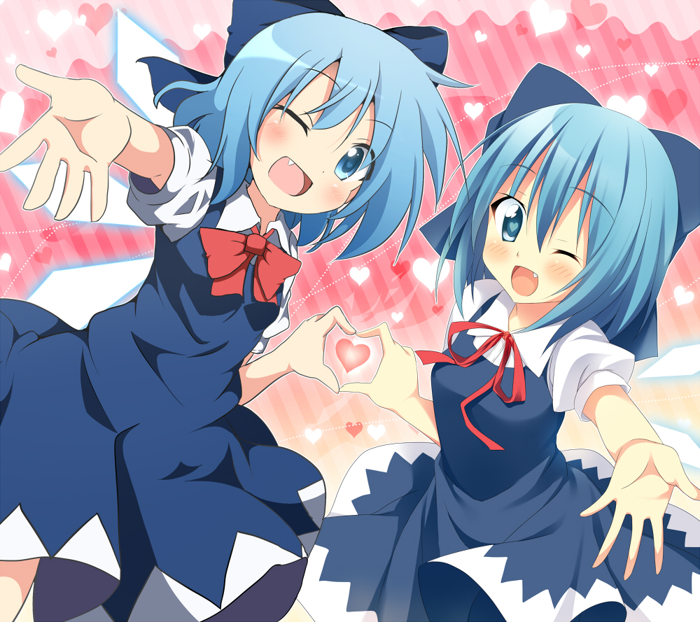 2girls 4-finger_heart_hands ;d artist_collaboration bad_id bad_pixiv_id blue_dress blue_eyes blue_hair bow cirno do_(4-rt) dress dual_persona fang hair_bow heart heart-shaped_pupils heart_hands heart_hands_duo moe_moe_kyun! multiple_girls one_eye_closed oniku_(shimofuri-ke) open_mouth outstretched_arm outstretched_hand short_hair smile symbol-shaped_pupils touhou wings wink