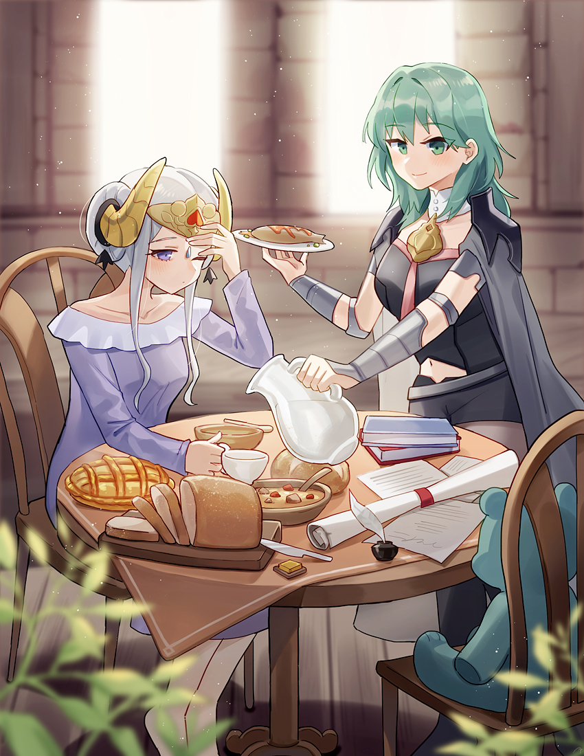 2girls arm_guards armlet blurry blurry_background book bread breakfast breasts byleth_(female)_(fire_emblem) byleth_(fire_emblem) chair closed_mouth collarbone couple crop_top cup depth_of_field detached_collar double_bun edelgard_von_hresvelg elbow_pads fake_horns fire_emblem fire_emblem:_three_houses food green_eyes green_hair grey_jacket hair_between_eyes hair_bun hair_up hand_on_own_head hand_up headpiece holding holding_food holding_plate horns indoors jacket jacket_on_shoulders jewelry light_blush light_particles light_smile long_hair long_sleeves looking_at_food looking_down multiple_girls navel nightgown nintendo on_chair one_eye_closed open_clothes open_jacket paper pendant pie plate purple_eyes qi&#039;e_(penguin) quill short_sleeves sitting standing stew stomach stuffed_animal stuffed_toy table teacup teapot teddy_bear wavy_hair white_hair yuri