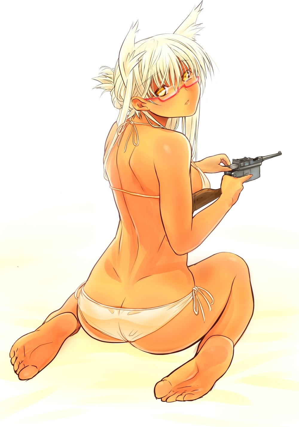 1girl animal_ears ass bad_id bad_pixiv_id barefoot bikini female_focus fox_ears from_behind full_body glasses gun handgun highres long_hair looking_back mauser_c96 nude original pistol sabaku_no_tanuki semi-rimless_eyewear side-tie_bikini_bottom simple_background solo string_bikini swimsuit weapon white_background white_bikini white_hair yellow_eyes